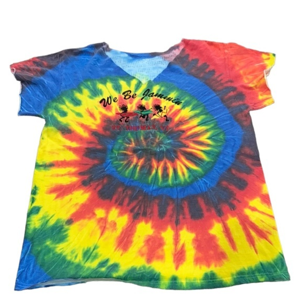 St. Thomas Tie Dye T-Shirt Embroidered "We Be Jammin" size L heavyweight cotton